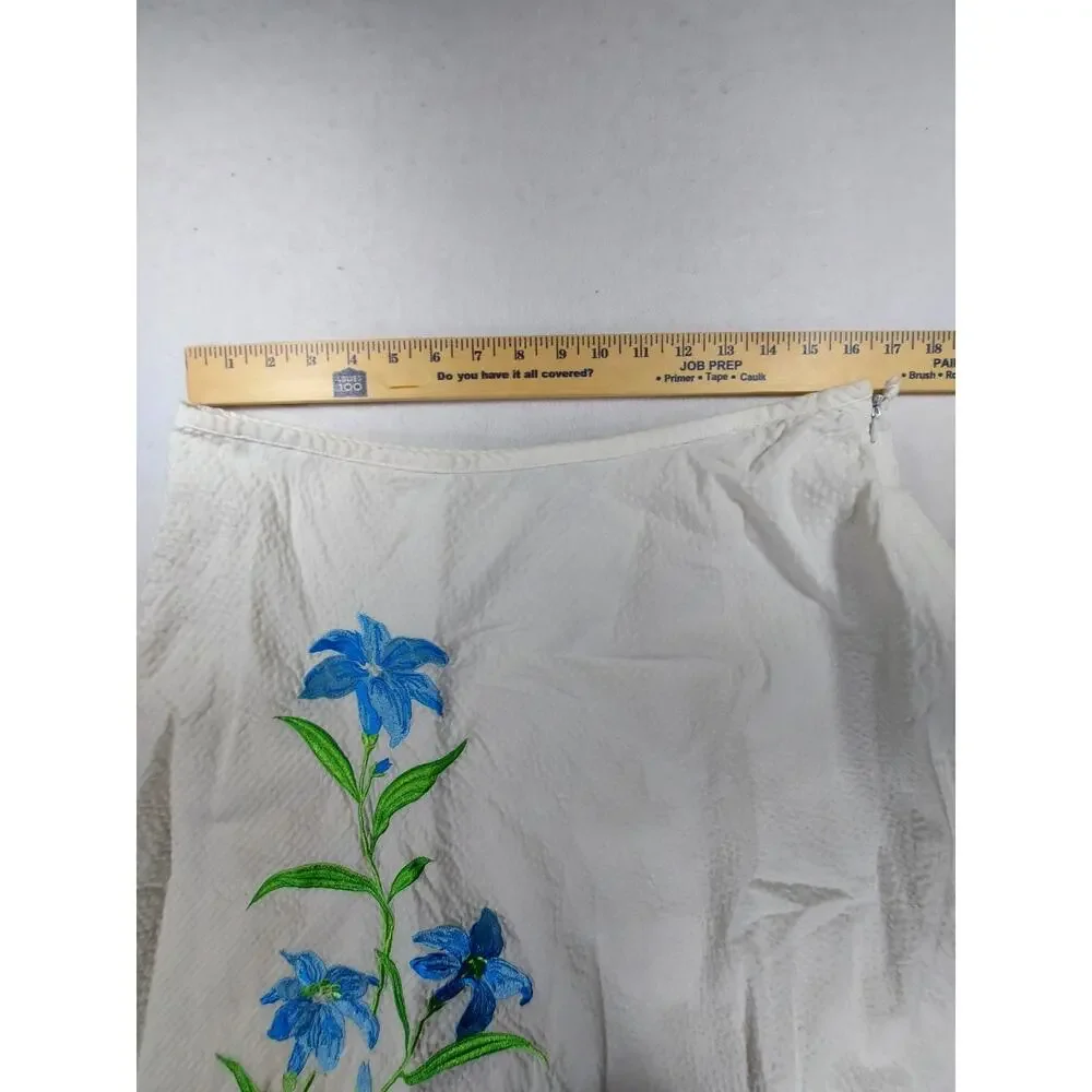 Dressbarn White 100% Cotton A-Line Skirt Lined Teal Floral Embroidered Size 14